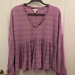 Purple Long Sleeve Ruffled Blouse